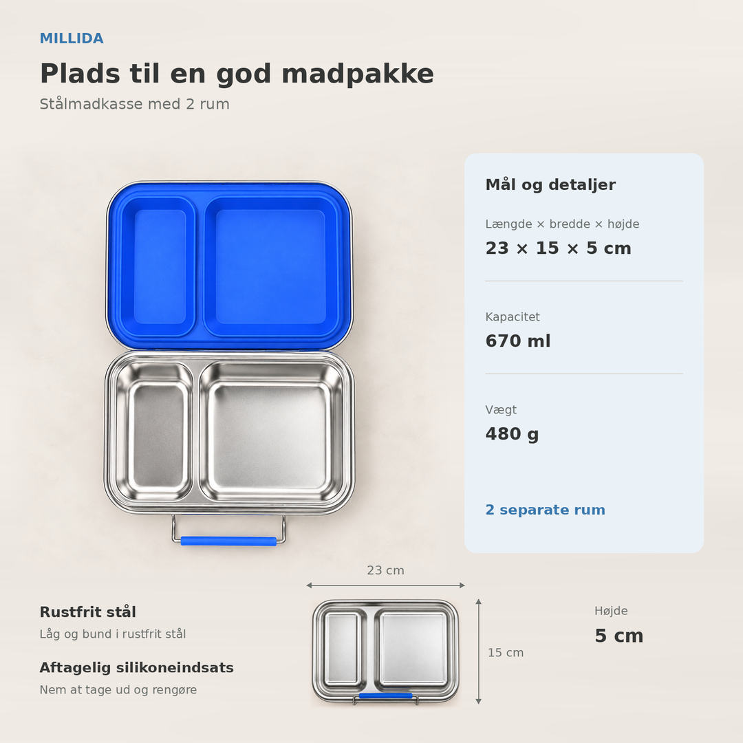 Snackio Vega stålmadkasse med 2 rum i blå – oversigt over mål og ruminddeling