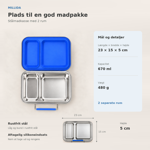 Snackio Vega stålmadkasse med 2 rum i blå – oversigt over mål og ruminddeling