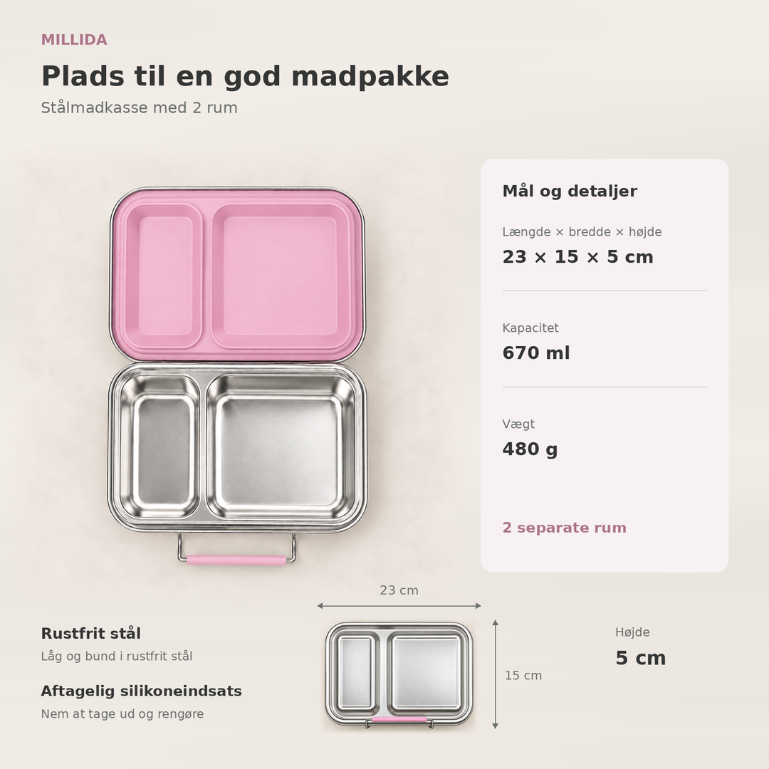 Snackio Vega stålmadkasse med 2 rum i pink – oversigt over mål og ruminddeling