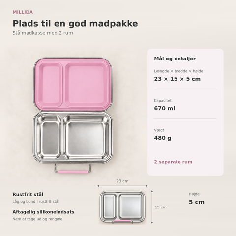 Snackio Vega stålmadkasse med 2 rum i pink – oversigt over mål og ruminddeling