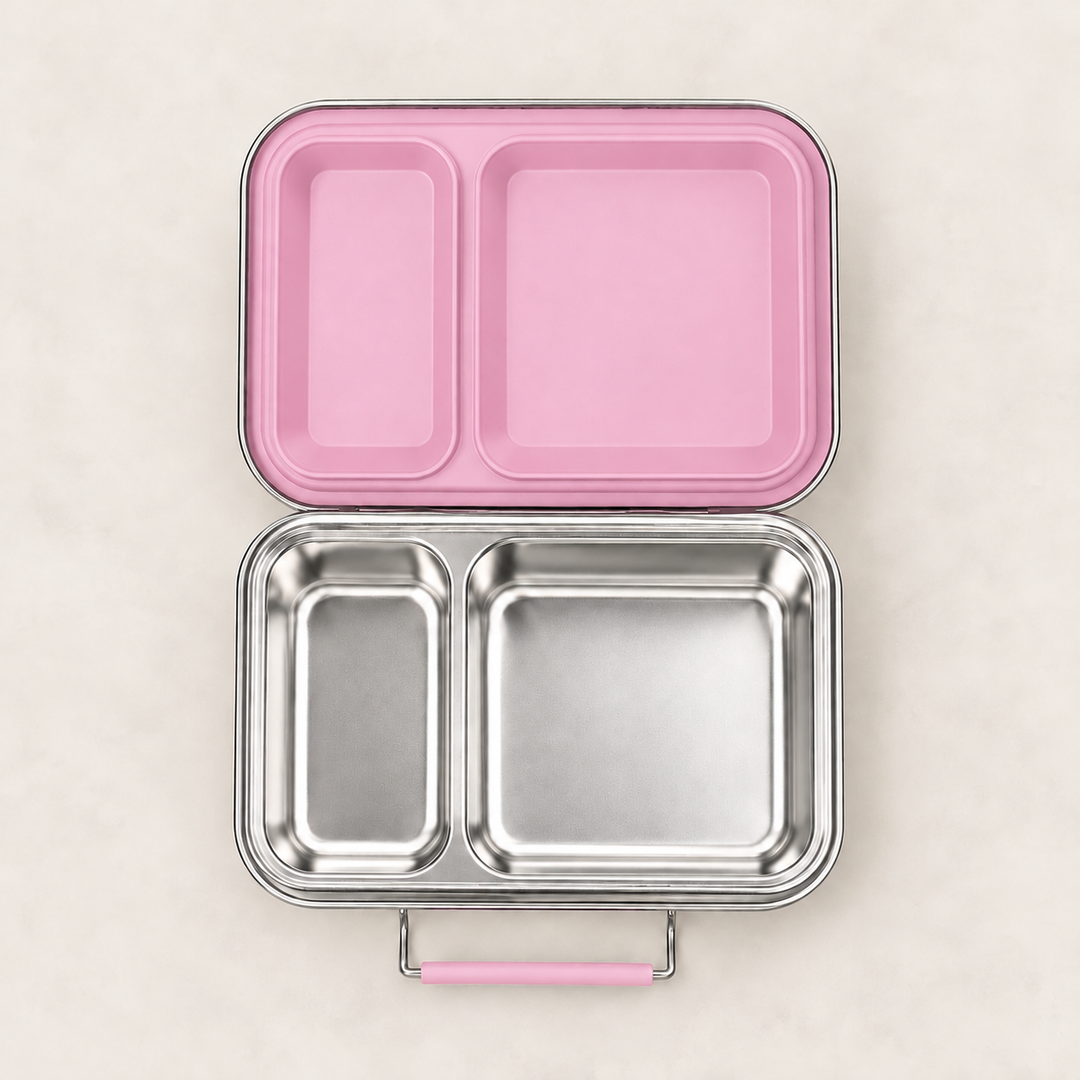 Snackio Vega stålmadkasse med 2 rum i pink åben og set ovenfra