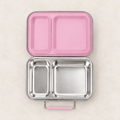 Snackio Vega stålmadkasse med 2 rum i pink åben og set ovenfra