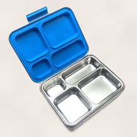 Madkasse 4 rum - Stainless steel / rustfrit stål + Silicone indsats - Blå