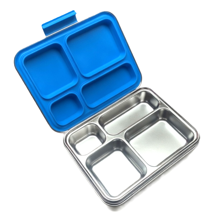 Madkasse 4 rum - Stainless steel / rustfrit stål + Silicone indsats - Blå
