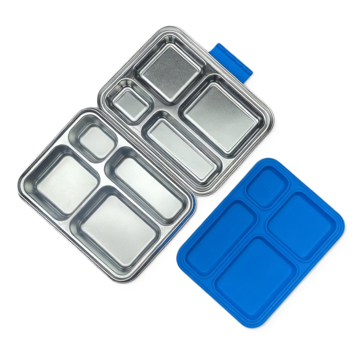 Madkasse 4 rum - Stainless steel / rustfrit stål + Silicone indsats - Blå