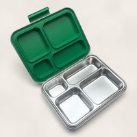 Madkasse 4 rum - Stainless steel / rustfrit stål + Silicone indsats - Grøn