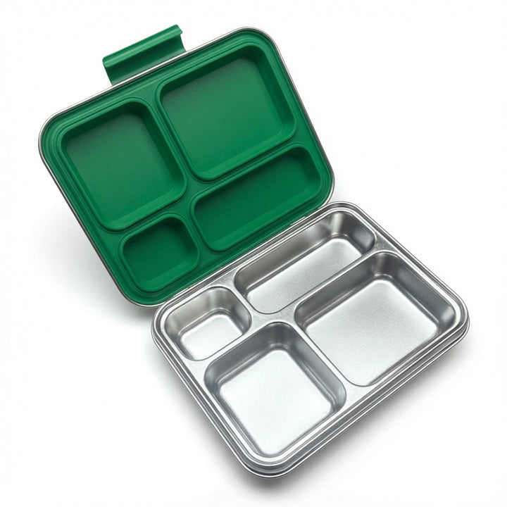Madkasse 4 rum - Stainless steel / rustfrit stål + Silicone indsats - Grøn