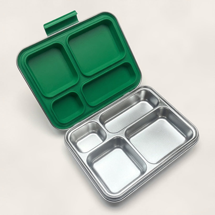 Madkasse 4 rum - Stainless steel / rustfrit stål + Silicone indsats - Grøn