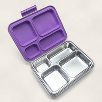 Madkasse 4 rum - Stainless steel / rustfrit stål + Silicone indsats - Lilla