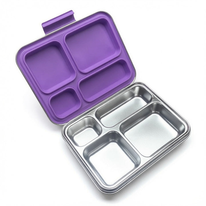 Madkasse 4 rum - Stainless steel / rustfrit stål + Silicone indsats - Lilla