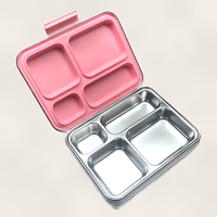 Madkasse 4 rum - Stainless steel / rustfrit stål + Silicone indsats - Pink