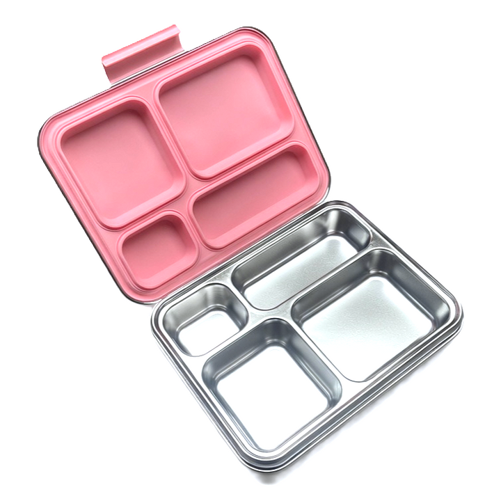 Madkasse 4 rum - Stainless steel / rustfrit stål + Silicone indsats - Pink
