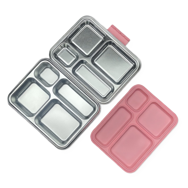 Madkasse 4 rum - Stainless steel / rustfrit stål + Silicone indsats - Pink