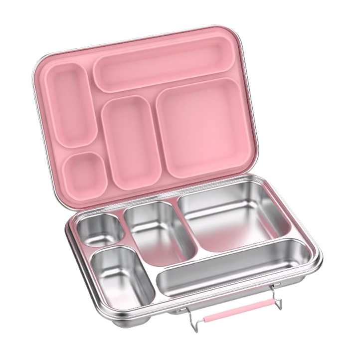 Madkasse 5 rum - Stainless steel / rustfrit stål + Silicone indsats - Pink 2