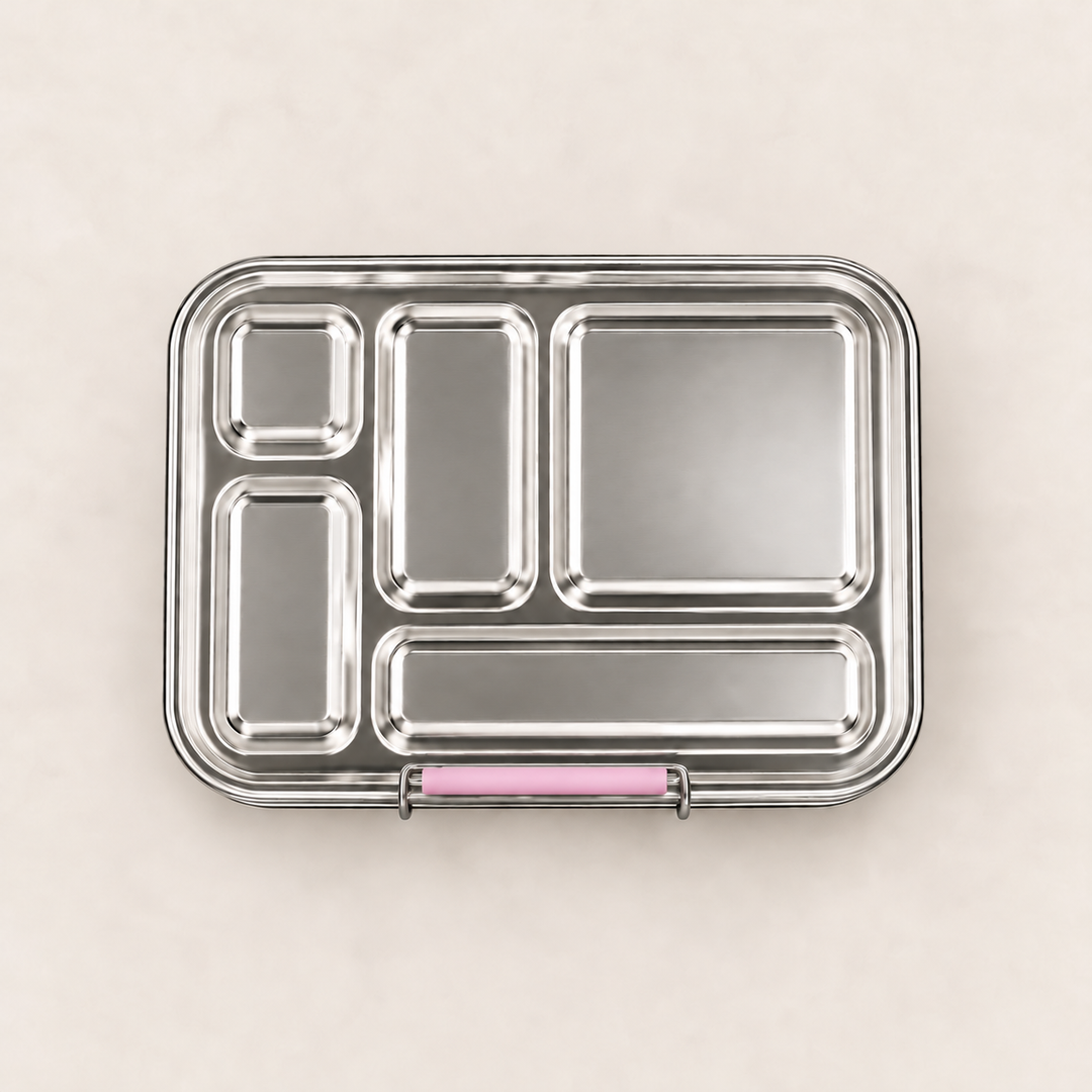 Snackio Vega stålmadkasse med 5 rum i pink set ovenfra