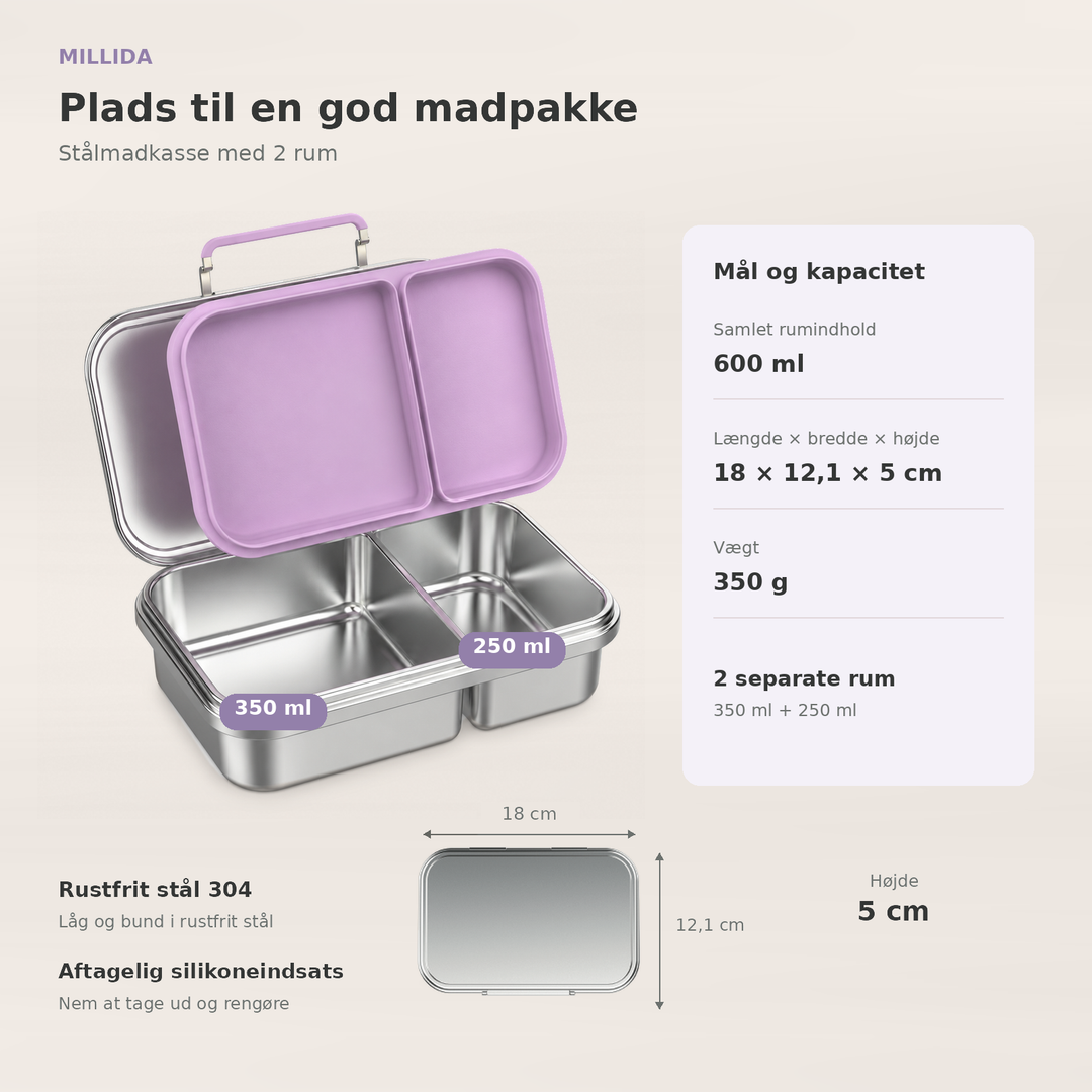 Snackio nova - Stålmadkasse med 2 rum - Pastellilla