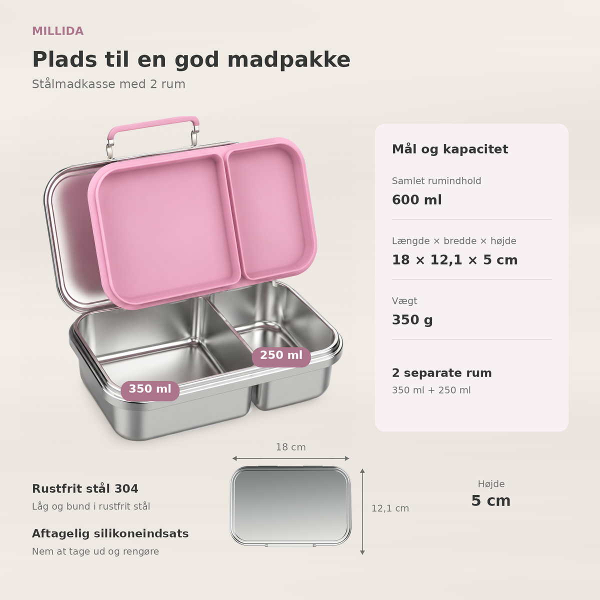 Snackio nova - Stålmadkasse med 2 rum - Pastelpink