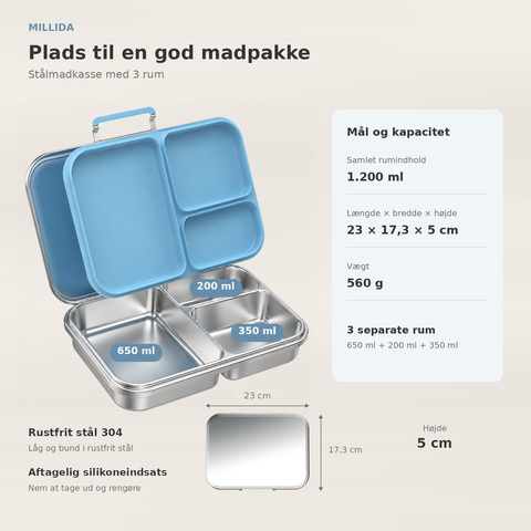 Snackio nova - Stålmadkasse med 3 rum - Pastelblå
