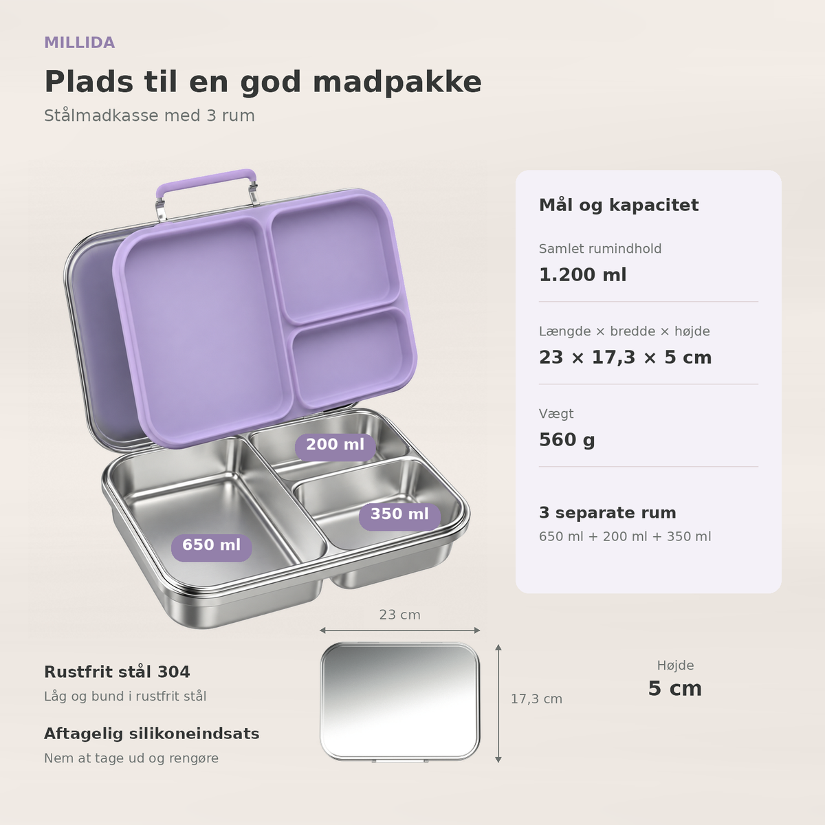 Snackio nova - Stålmadkasse med 3 rum - Pastellilla