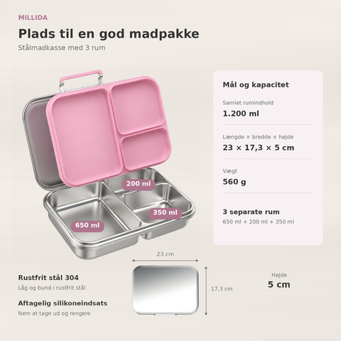 Snackio nova - Stålmadkasse med 3 rum - Pastelpink