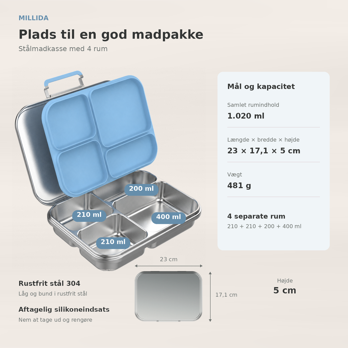 Snackio nova - Stålmadkasse med 4 rum - Pastelblå
