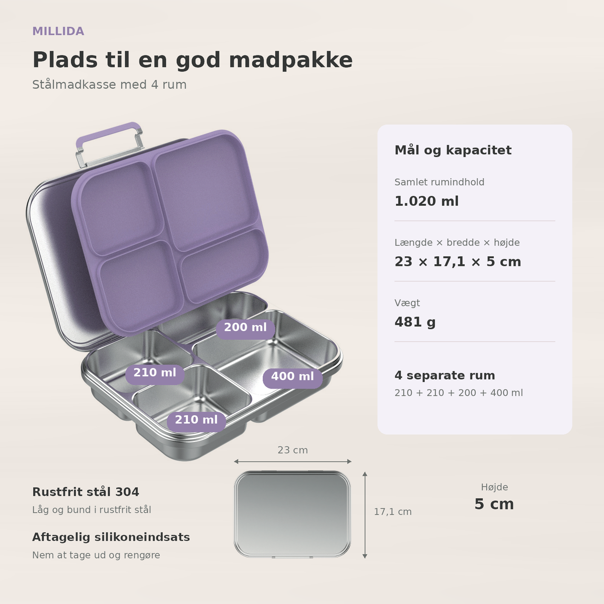 Snackio nova - Stålmadkasse med 4 rum - Pastellilla