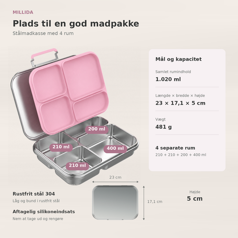 Snackio nova - Stålmadkasse med 4 rum - Pastelpink
