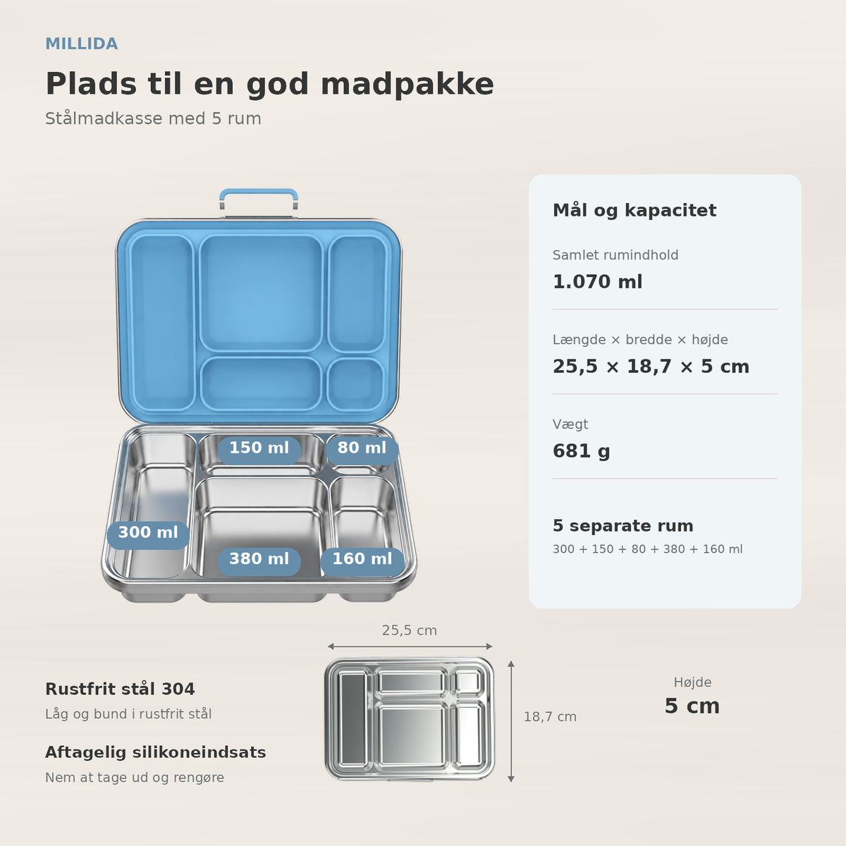 Snackio nova - Stålmadkasse med 5 rum - Pastelblå