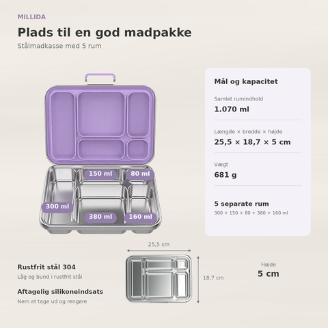 Snackio nova - Stålmadkasse med 5 rum - Pastellilla