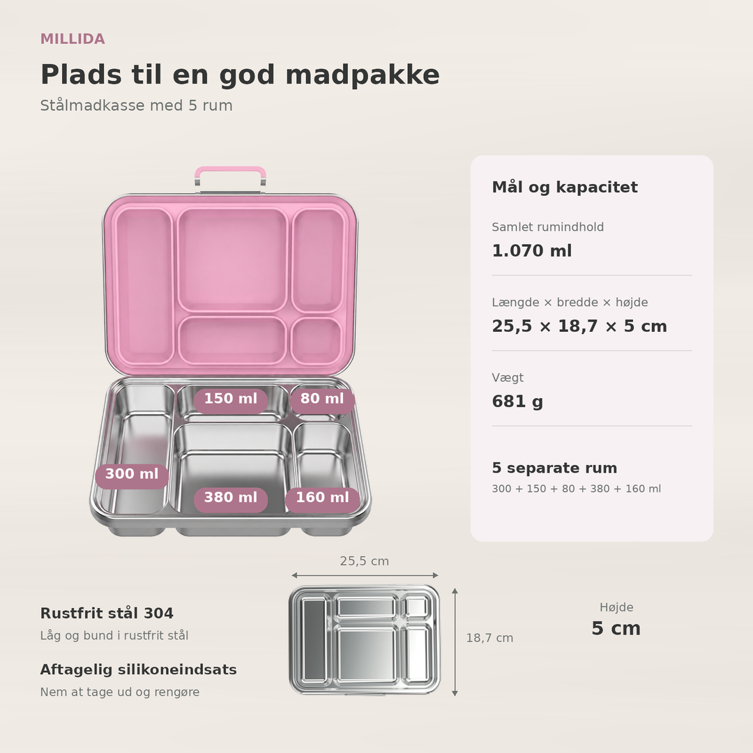 Snackio nova - Stålmadkasse med 5 rum - Pastelpink