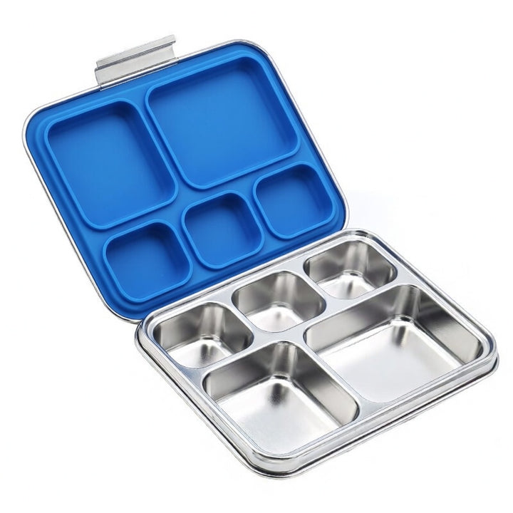 Madkasse 5 rum - Stainless steel / rustfrit stål + Silicone indsats - Blå
