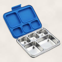 Madkasse 5 rum - Stainless steel / rustfrit stål + Silicone indsats - Blå