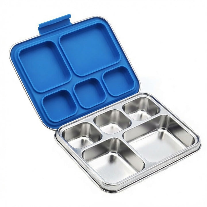 Madkasse 5 rum - Stainless steel / rustfrit stål + Silicone indsats - Blå