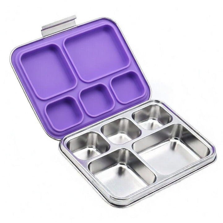 Madkasse 5 rum - Stainless steel / rustfrit stål + Silicone indsats - Lilla