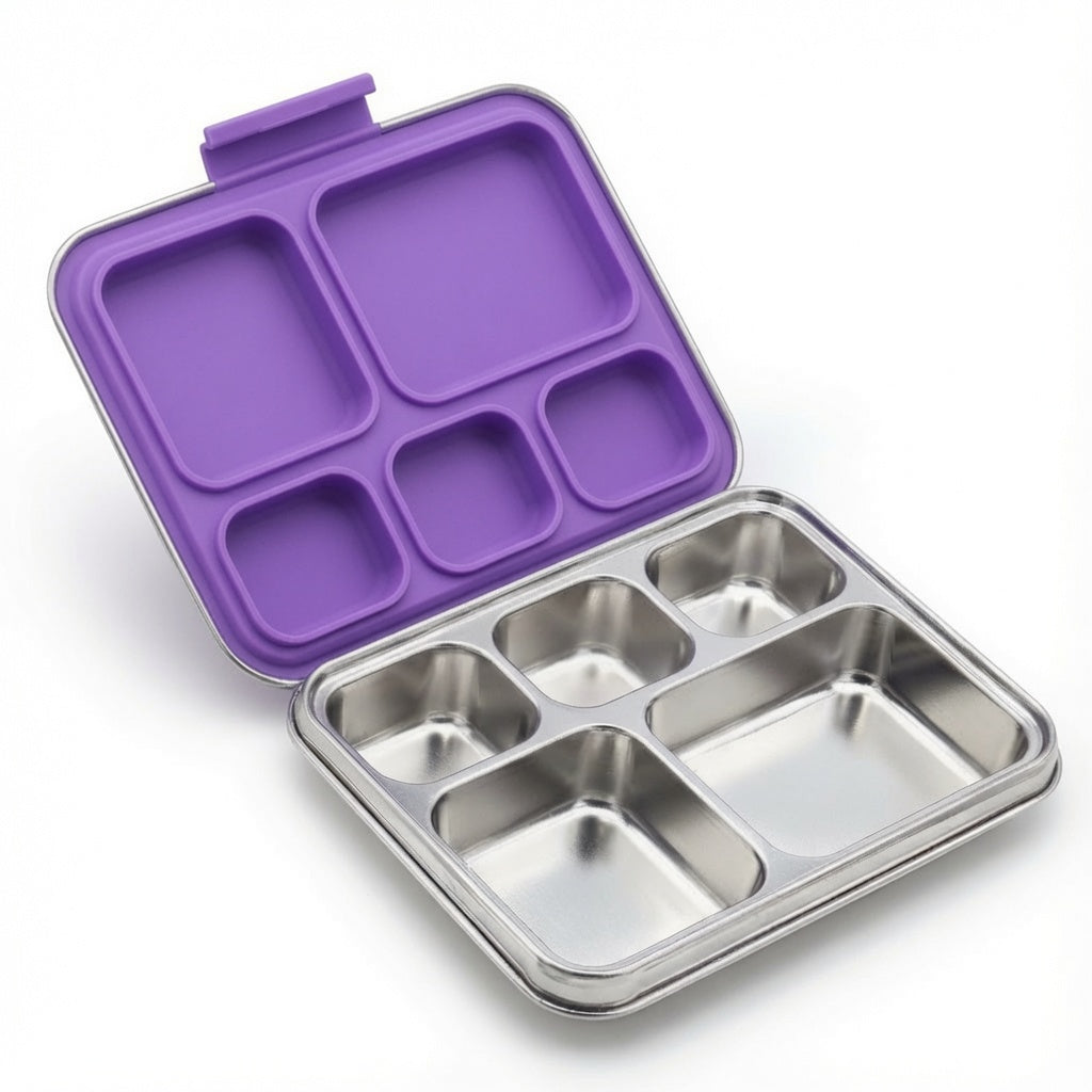Madkasse 5 rum - Stainless steel / rustfrit stål + Silicone indsats - Lilla