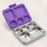 Madkasse 5 rum - Stainless steel / rustfrit stål + Silicone indsats - Lilla