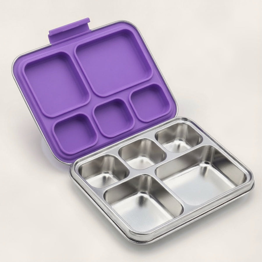 Madkasse 5 rum - Stainless steel / rustfrit stål + Silicone indsats - Lilla