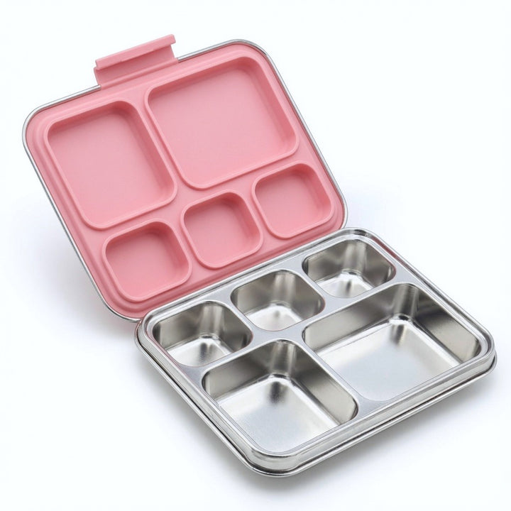 Madkasse 5 rum - Stainless steel / rustfrit stål + Silicone indsats - Pink