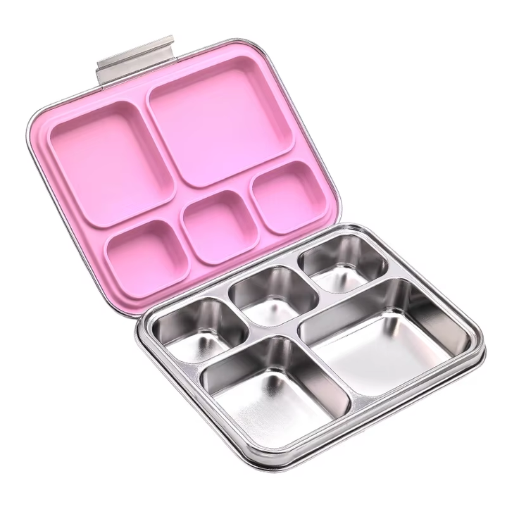 Madkasse 5 rum - Stainless steel / rustfrit stål + Silicone indsats - Pink