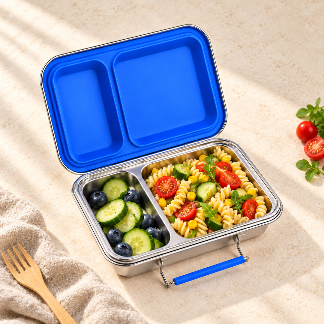 Snackio Vega stålmadkasse med 2 rum i blå med frokost og tilbehør