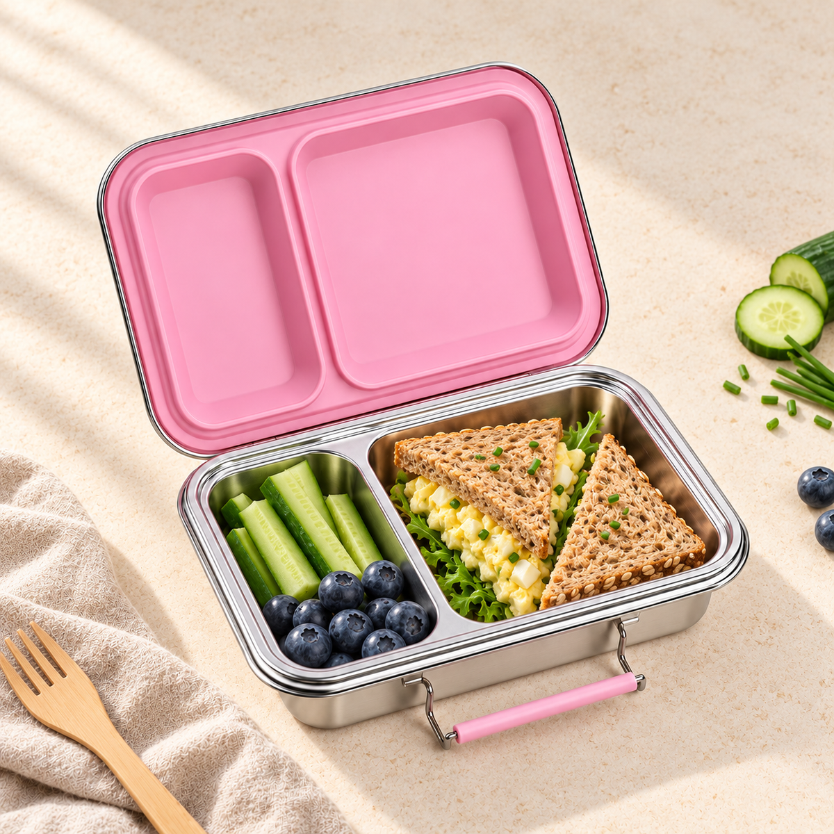 Snackio Vega stålmadkasse med 2 rum i pink med frokost og tilbehør