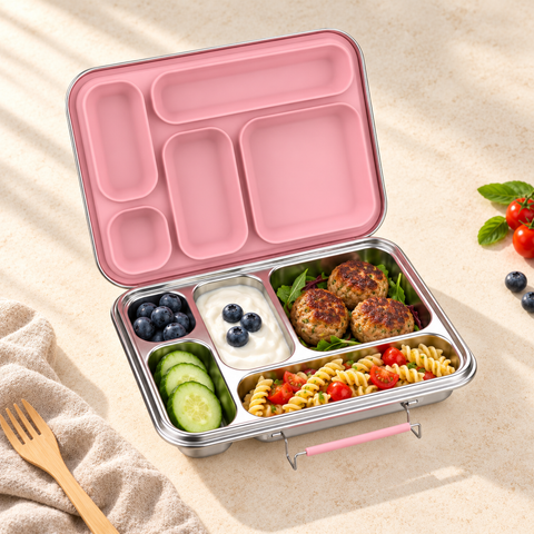Snackio Vega stålmadkasse med 5 rum i pink med frokost og tilbehør