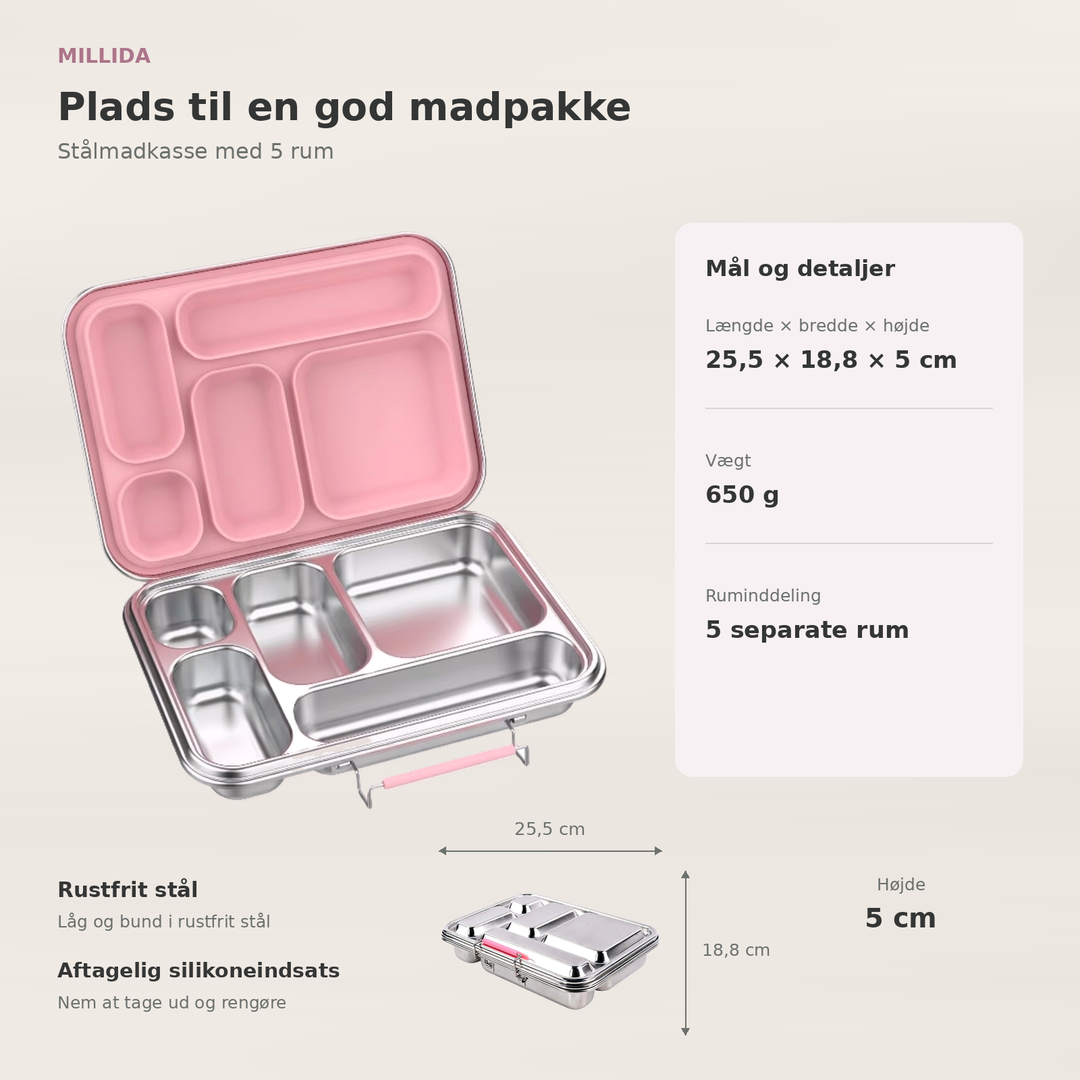 Snackio Vega stålmadkasse med 5 rum i pink – oversigt over mål og ruminddeling