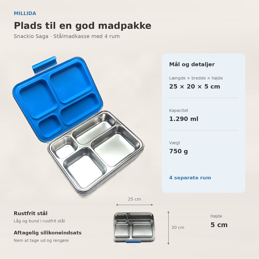 Snackio Saga stålmadkasse med 4 rum i blå – oversigt over mål og ruminddeling