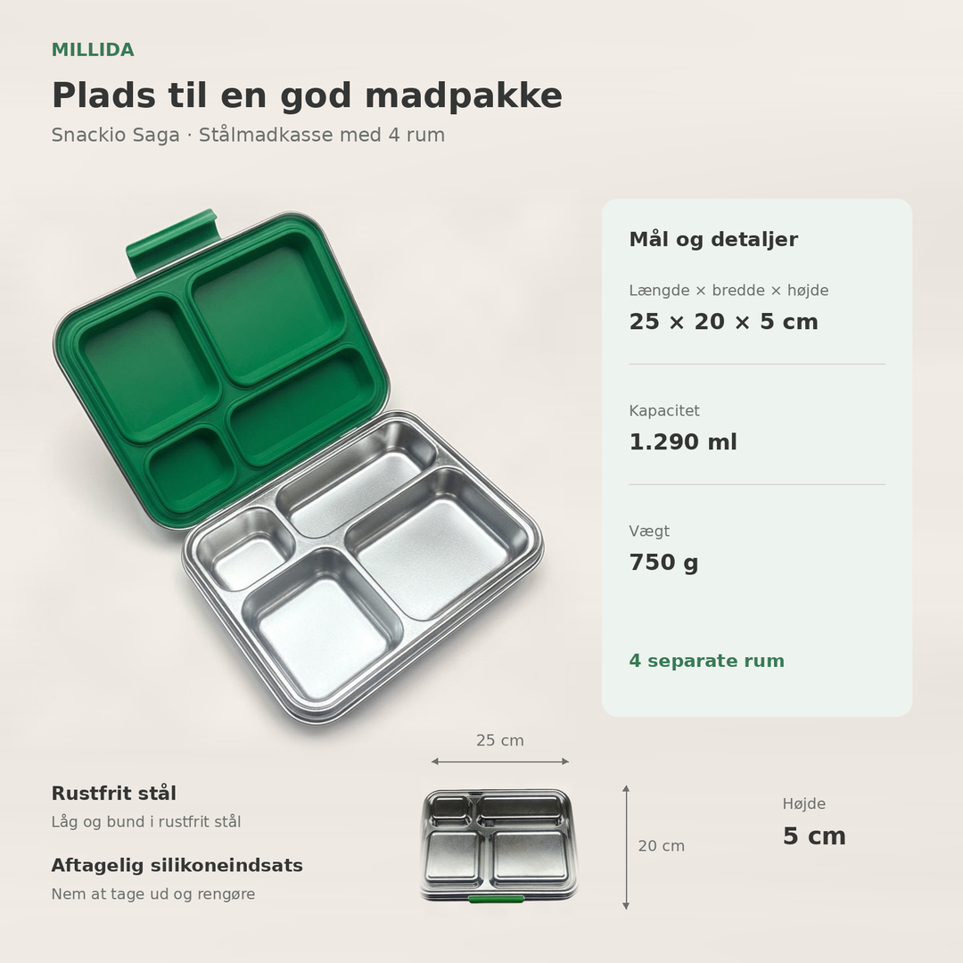 Snackio Saga stålmadkasse med 4 rum i grøn – oversigt over mål og ruminddeling