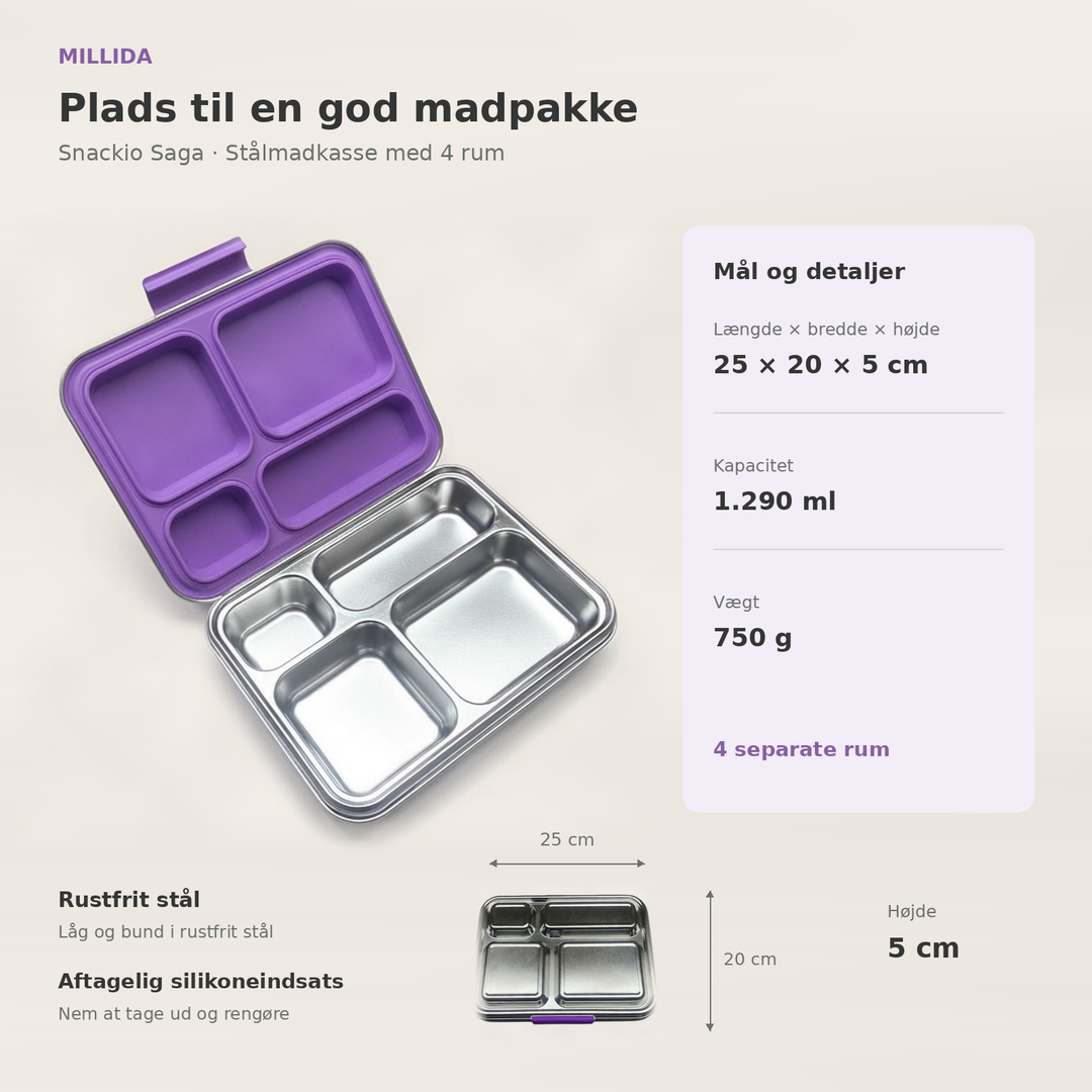 Snackio Saga stålmadkasse med 4 rum i lilla – oversigt over mål og ruminddeling