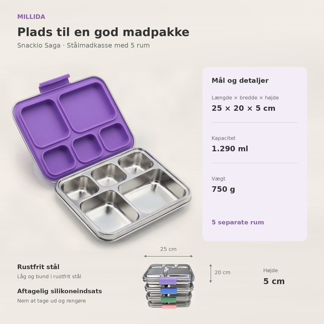 Snackio Saga stålmadkasse med 5 rum i lilla – oversigt over mål og ruminddeling