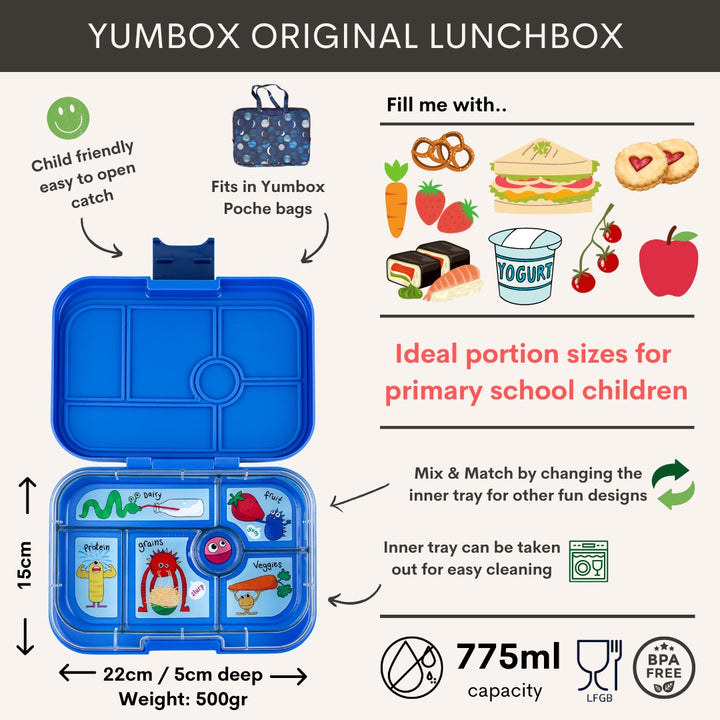 Yumbox Original - Madkasse med 6 rum - Surf blue - Funny monsters bakke