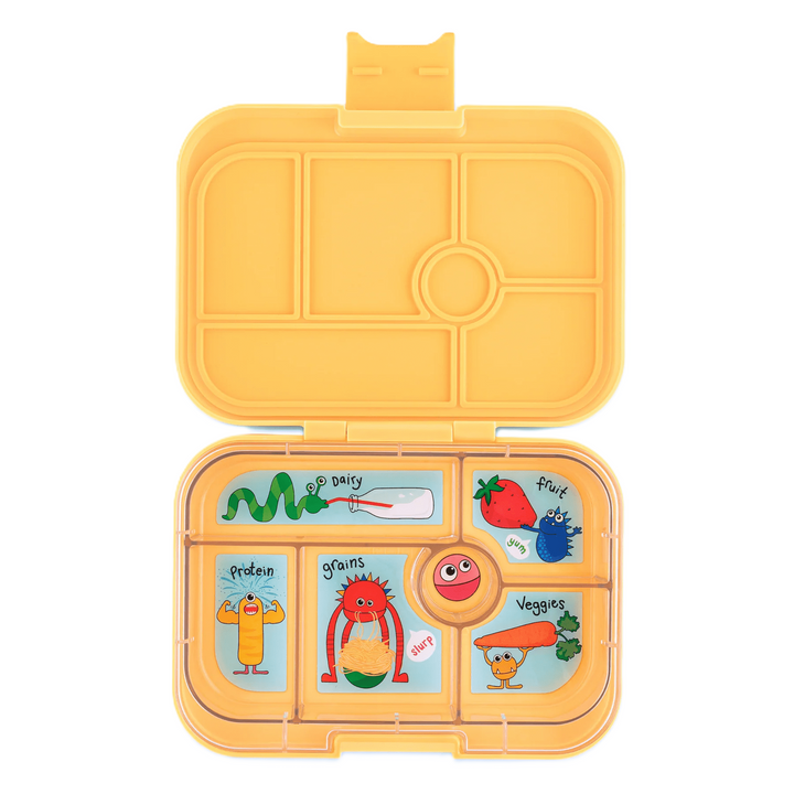 Yumbox Original - Madkasse med 6 rum - Yoyo yellow - Funny monsters bakke