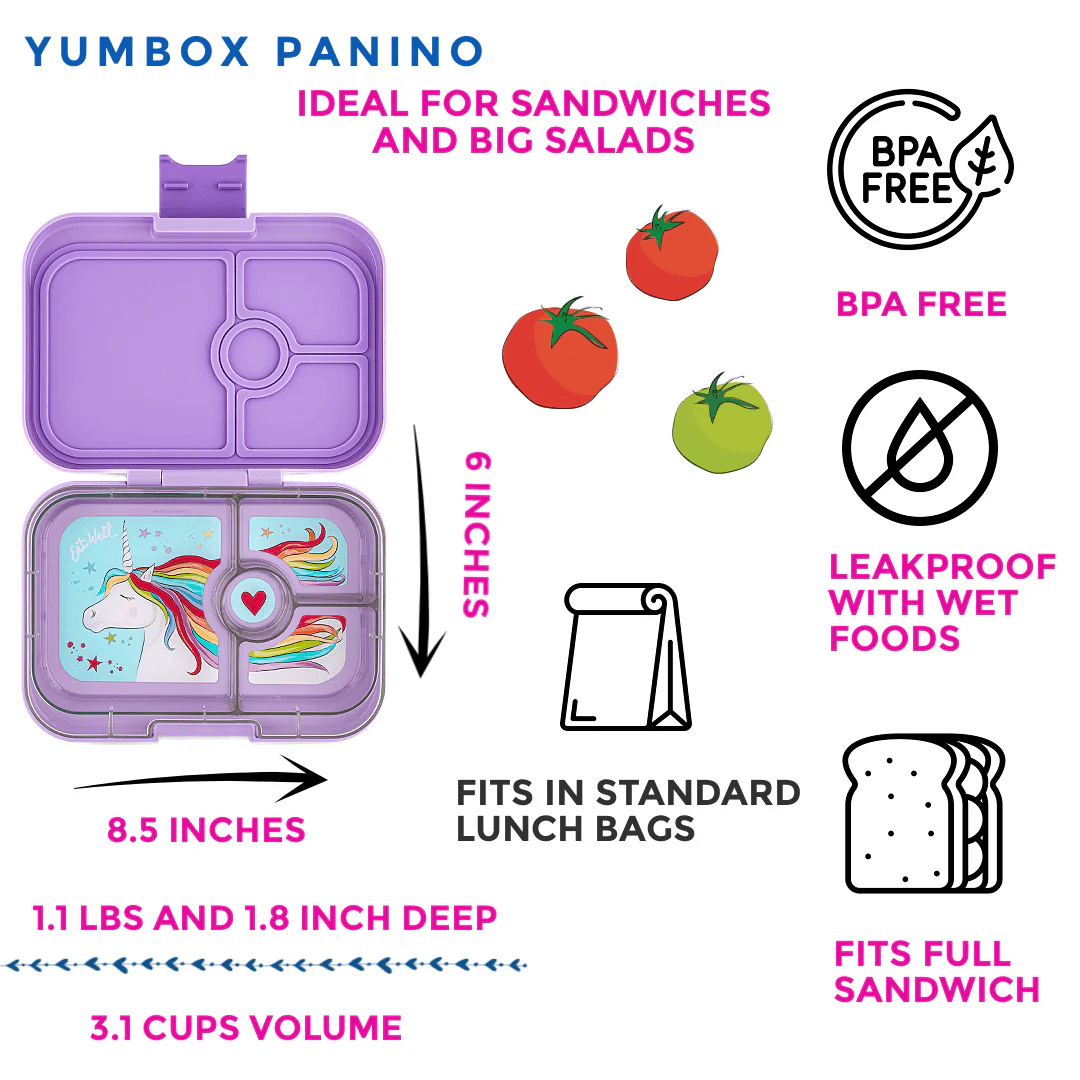 Yumbox Panino - Madkasse med 4 rum - Lavande purple - Unicorn bakke